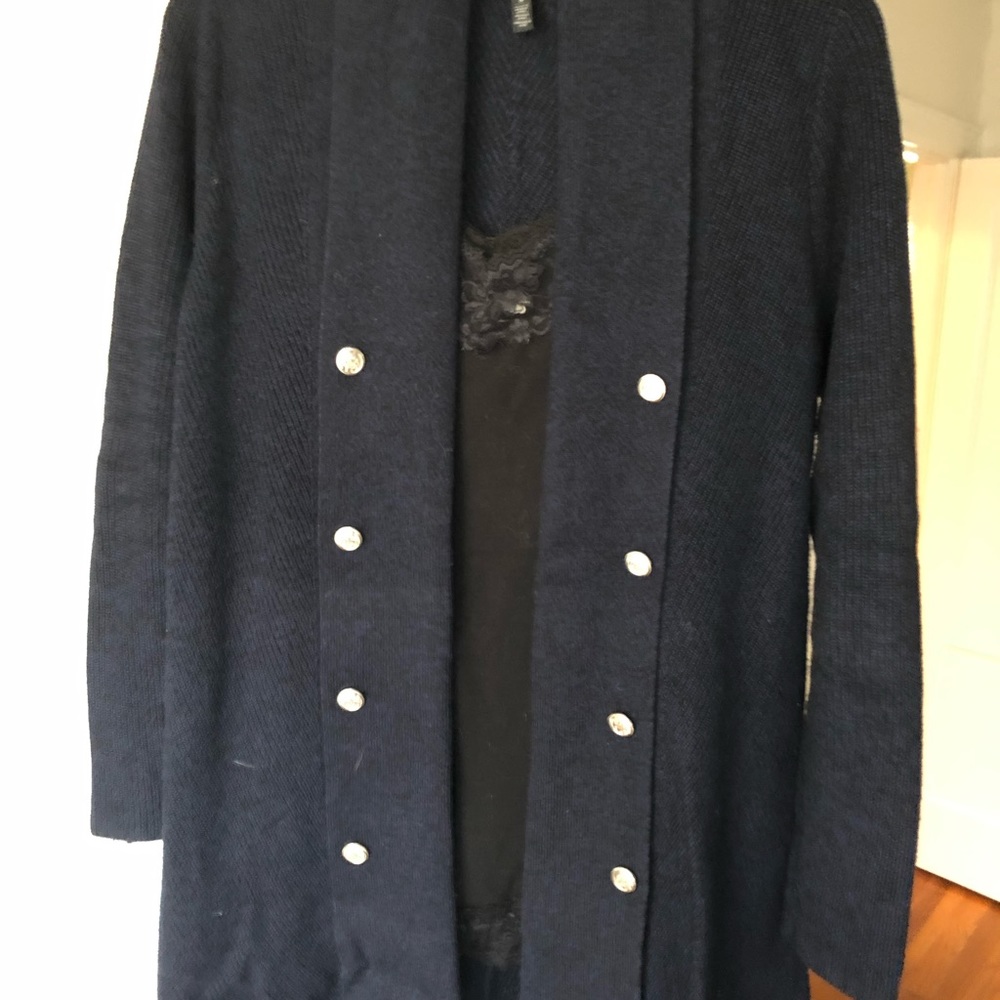 Beautiful navy cardigan with silver buttons. Medium weight for cooler weather